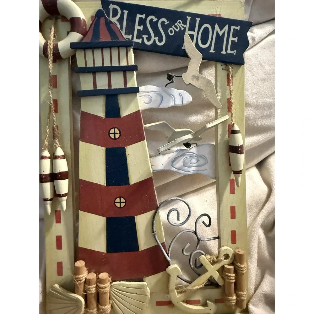 Bless Our Home Wood Wall Hanging Lighthouse Seagulls Beach
